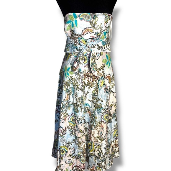 White House Black Market Spring-y White Strapless Blue/Brown Floral Midi Dress - Picture 4 of 16